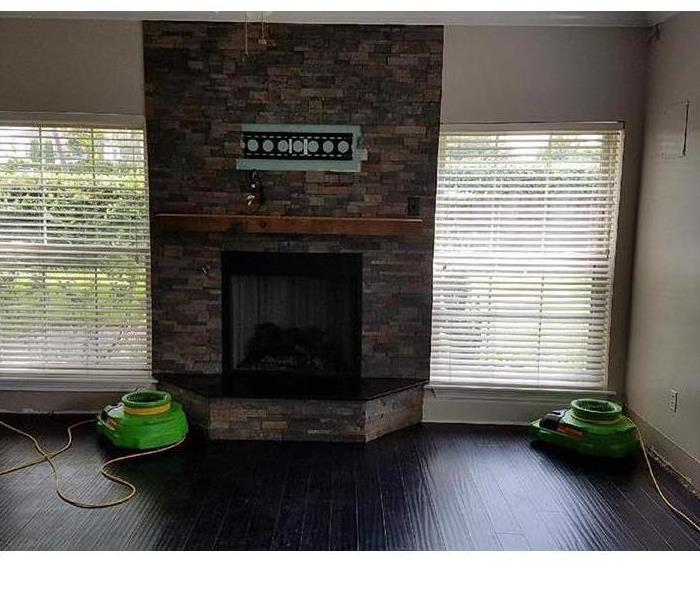 living room with windows next to fireplace with green fans on wood floors 