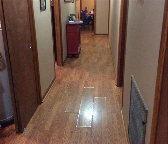 hallway with wood floor showing signs on buckling 