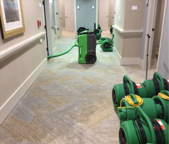 tan and gray hallway with a green dehumidifier and green fans spread out 