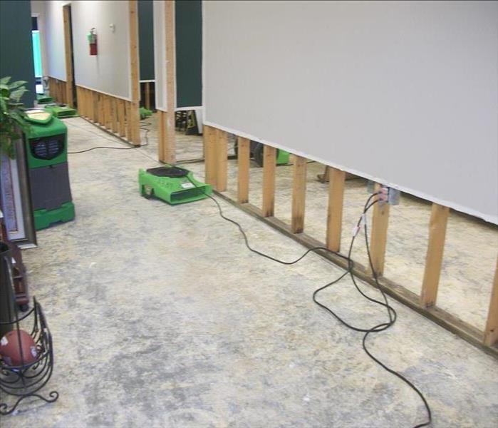 green fan drying wall that has a two foot flood cut exposing studs 