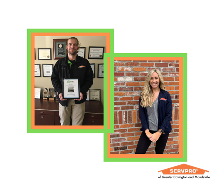 male SERVPRO water damage technician holding certificate and female SERVPRO administrative coordinator