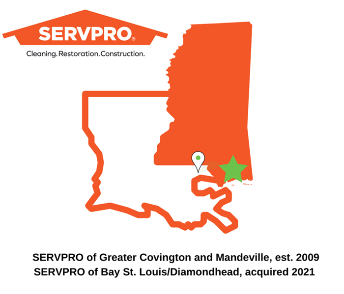 graphic of outlines Louisiana and Mississippi with stars for Covington and Bay St. Louis SERVPRO franchises