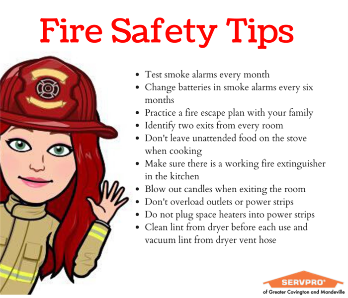 female emoji dressed like firefighter with text of fire safety tips